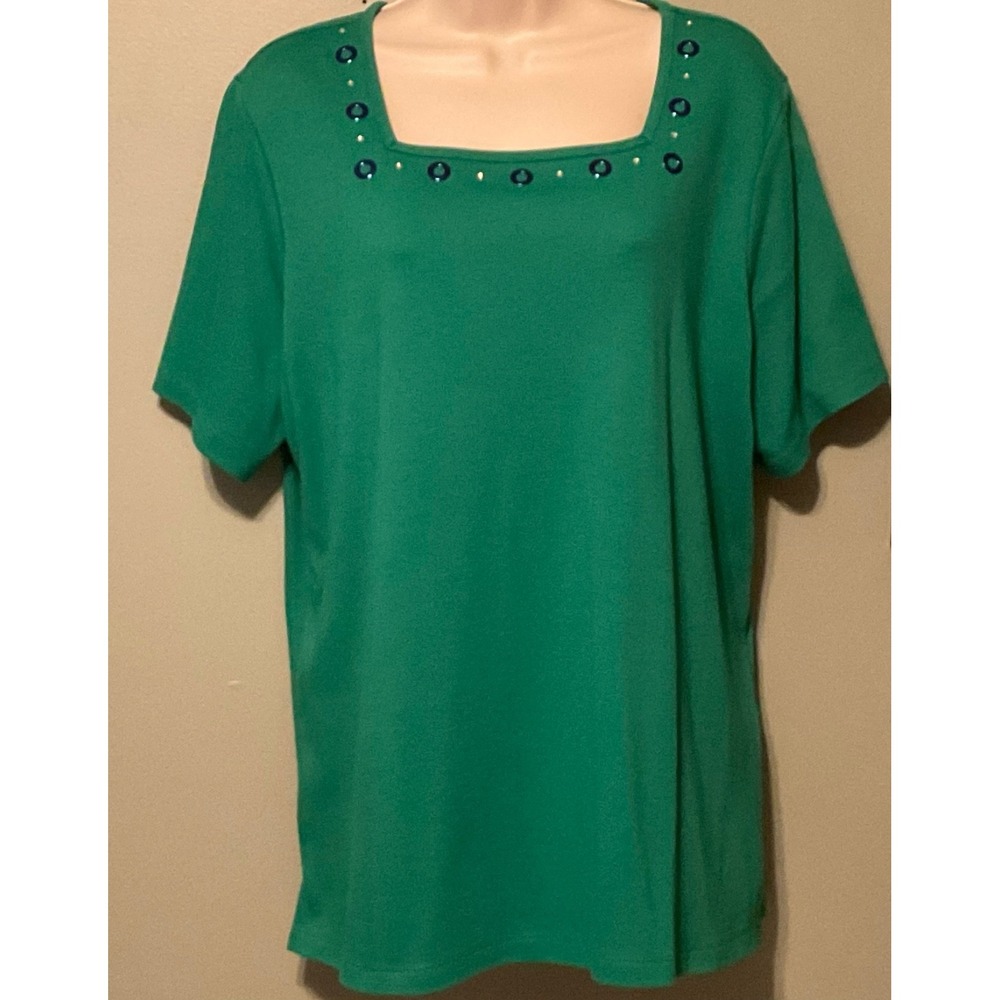Quacker Factory Bright Green w/NAVY BLUE Grommets & Rhinestone Accents Large L